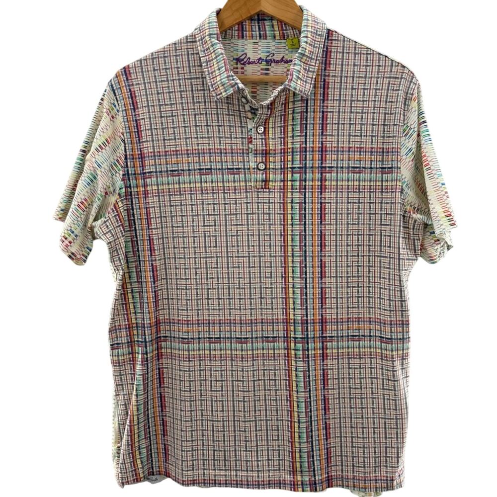 Robert Graham Men’s Colorful Rainbow Mixed Plaid Classic Polo Shirt Size Large